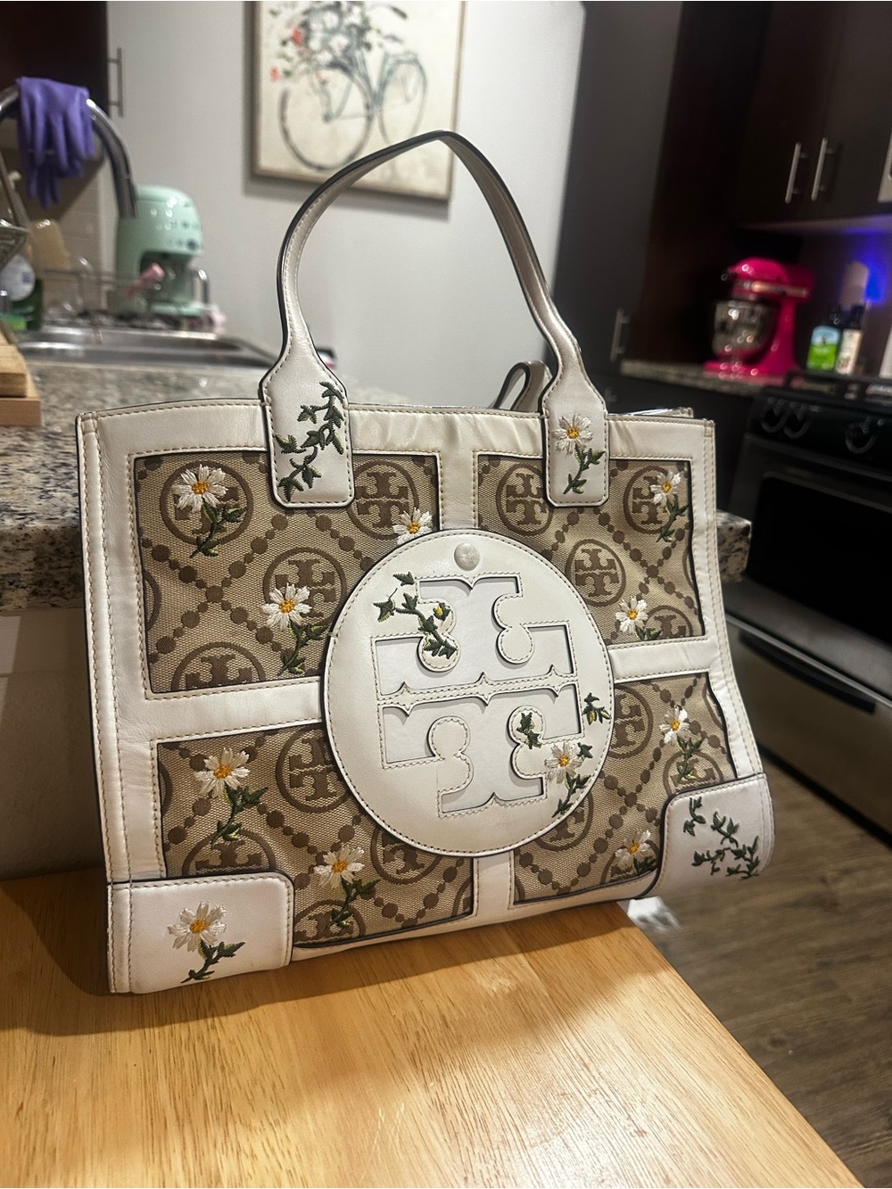 Tory Burch White and Beige Embroidered Canvas Tote